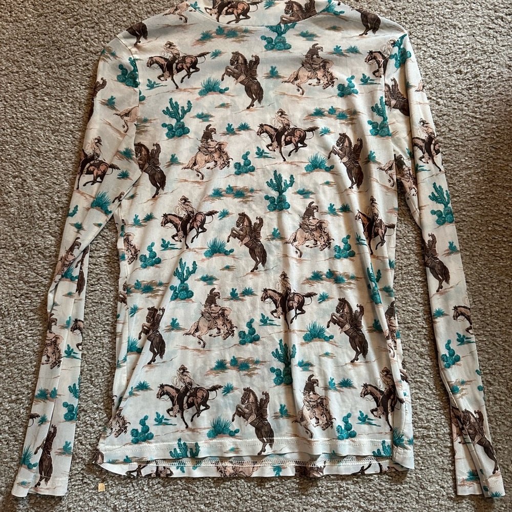 Western Cowboy Print Long Sleeve Mesh Shirt
